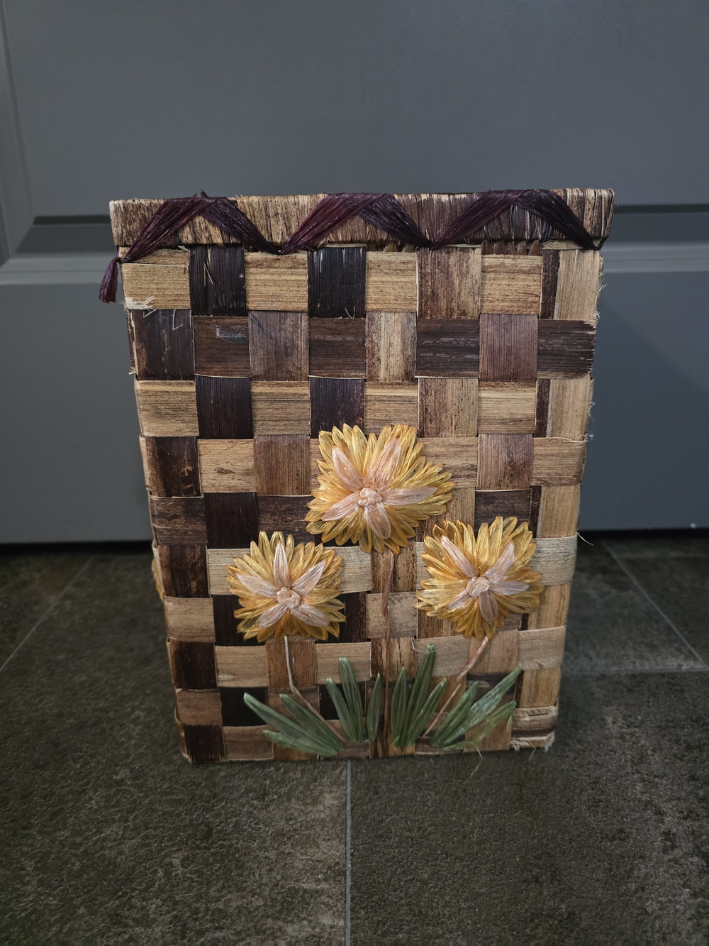 Handwoven Brown Floral Wastebasket with Yellow Flower Embellishments